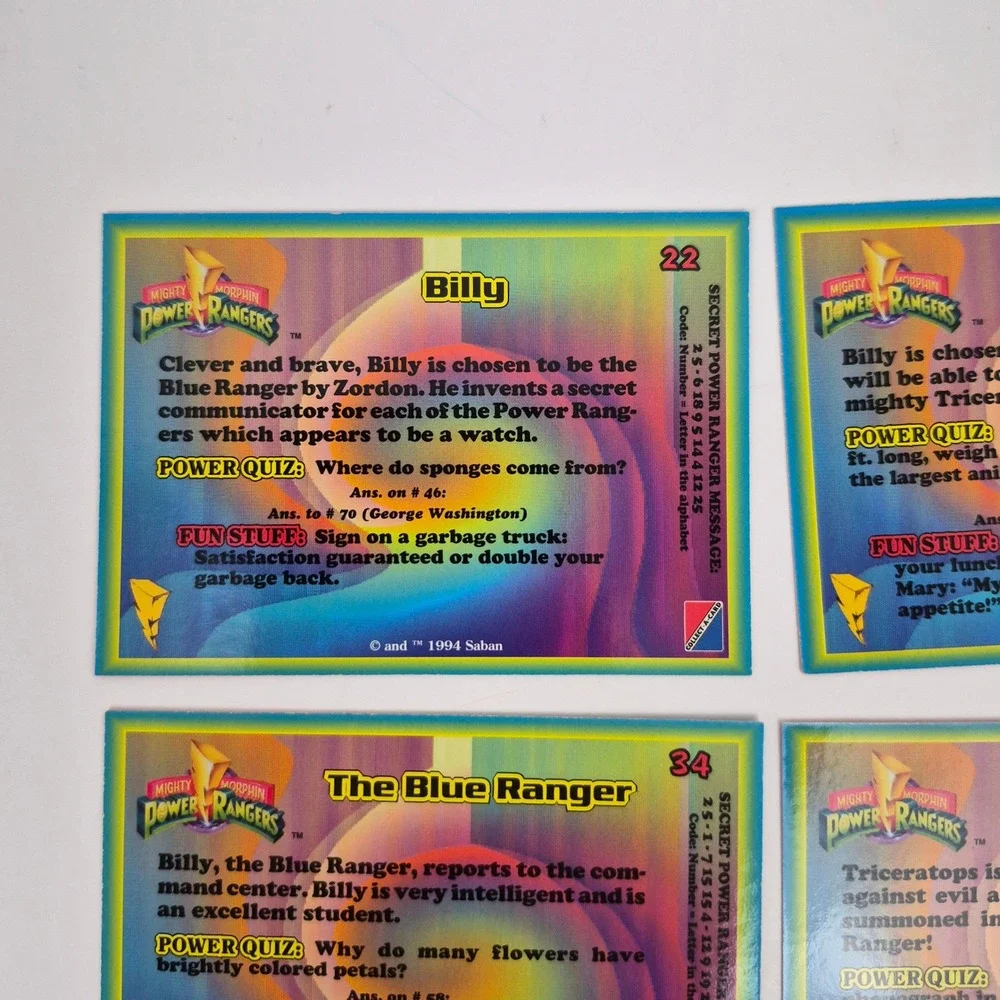 1994 Mighty Morphin Power Rangers Blue Ranger Billy Trading Card Lot of 5